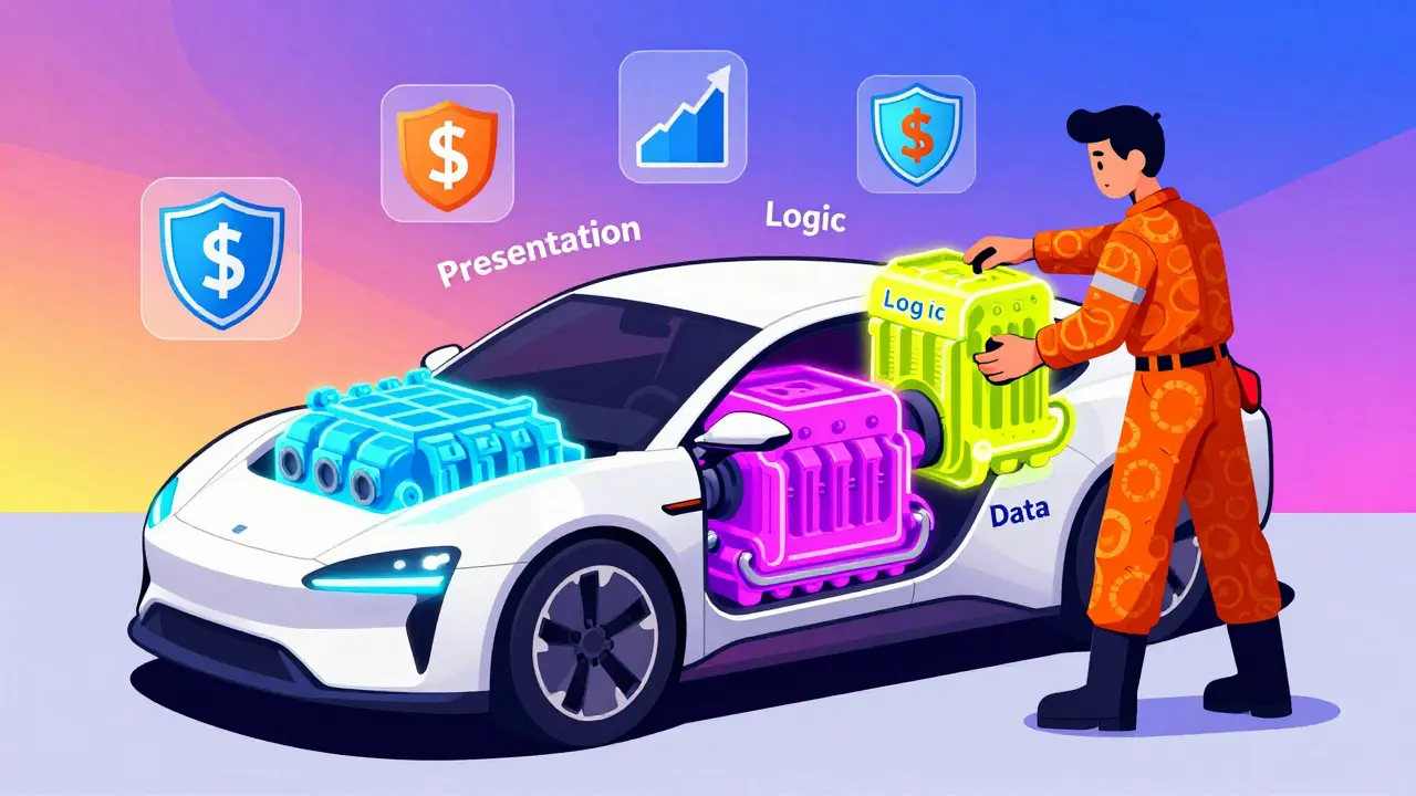 A modular car with labeled engine parts being upgraded, symbolizing independent scaling of app layers in bold Memphis illustration style.