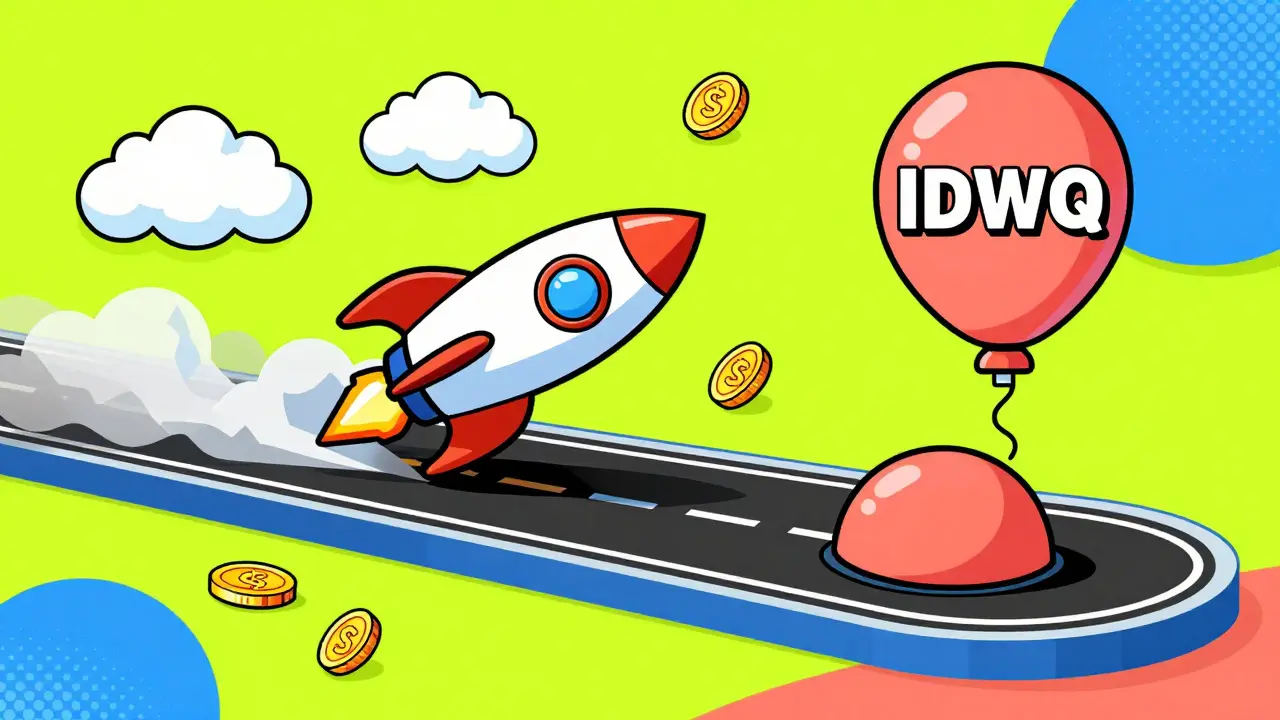 A rocket labeled SWP overtakes a sinking balloon labeled IDCW on a colorful race track.