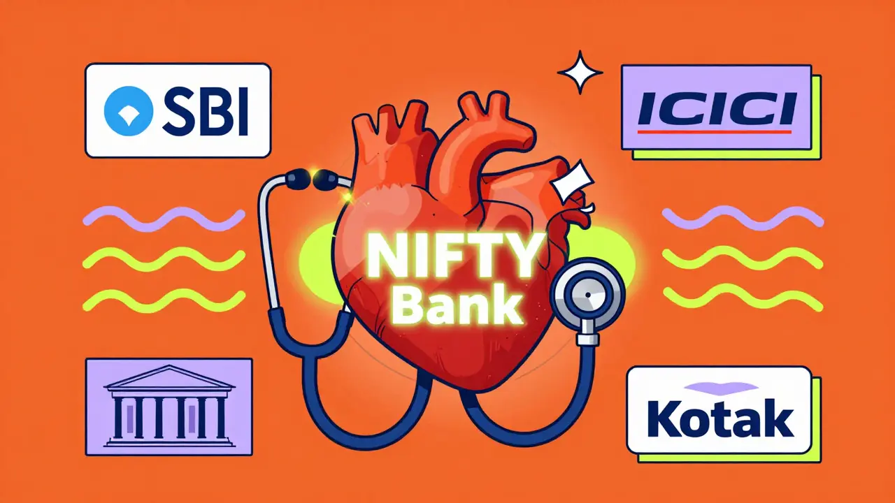 A stethoscope resting on a pulsing heart labeled NIFTY Bank, surrounded by financial icons.