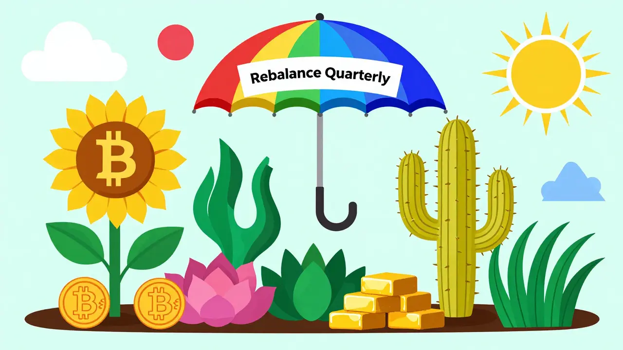 A stylized garden of abstract trading assets growing together under a rebalance umbrella.