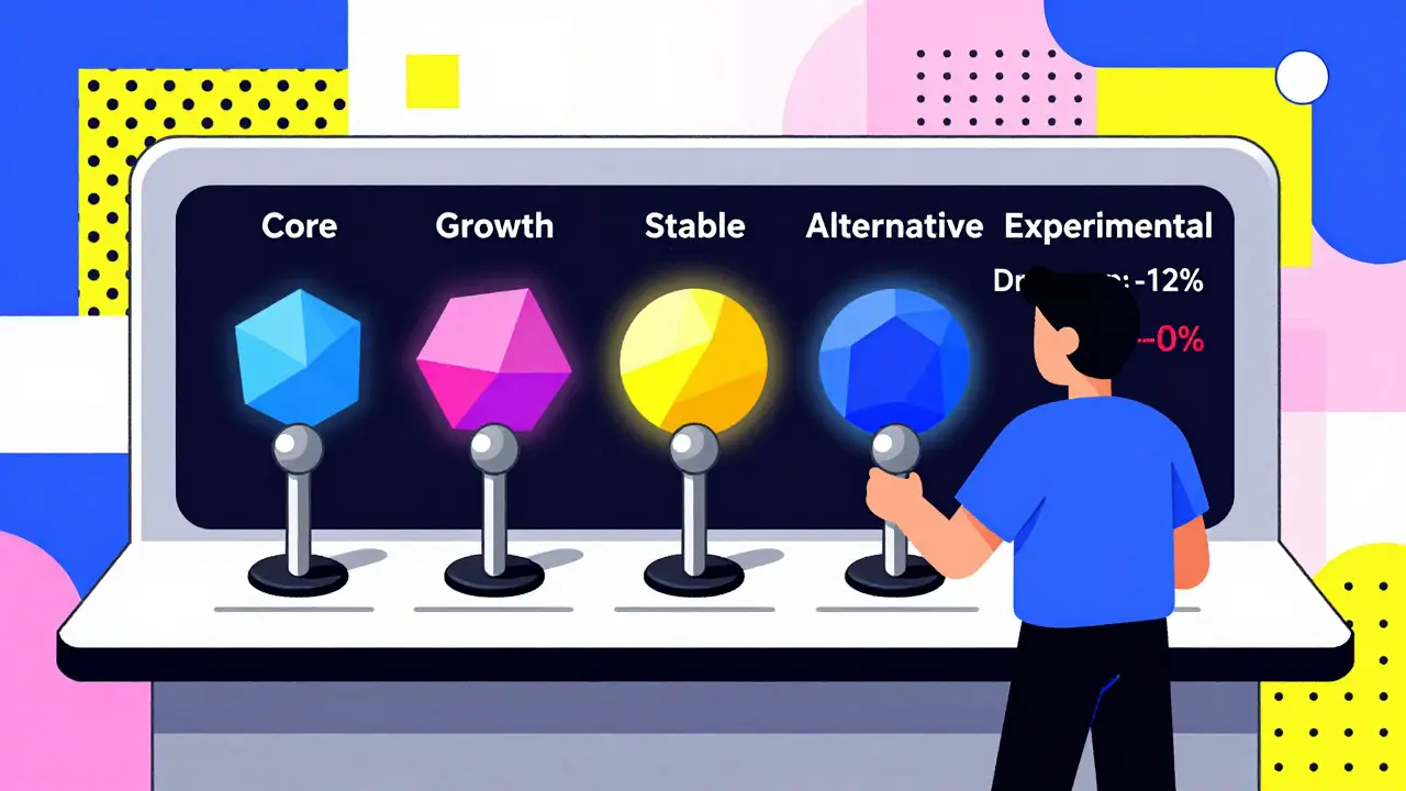 A trader calmly operating a control panel with five geometric asset levers and low drawdown numbers.