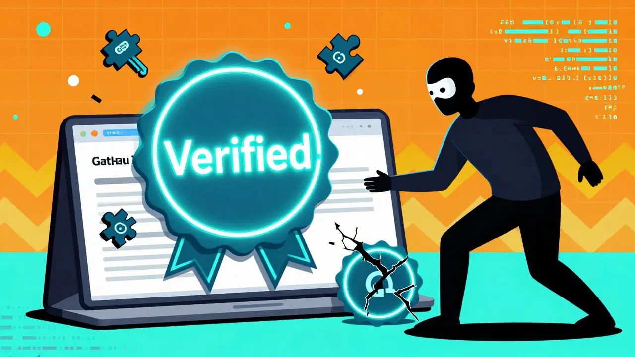 A verified GitHub commit with glowing GPG key fragments, while a masked figure tries to insert a fake commit.