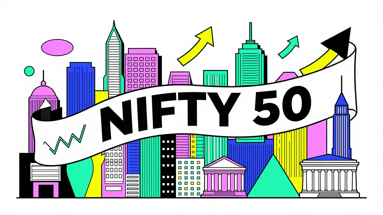 A vibrant 24-hour news ticker with abstract buildings symbolizing NIFTY 50's 12 sectors.