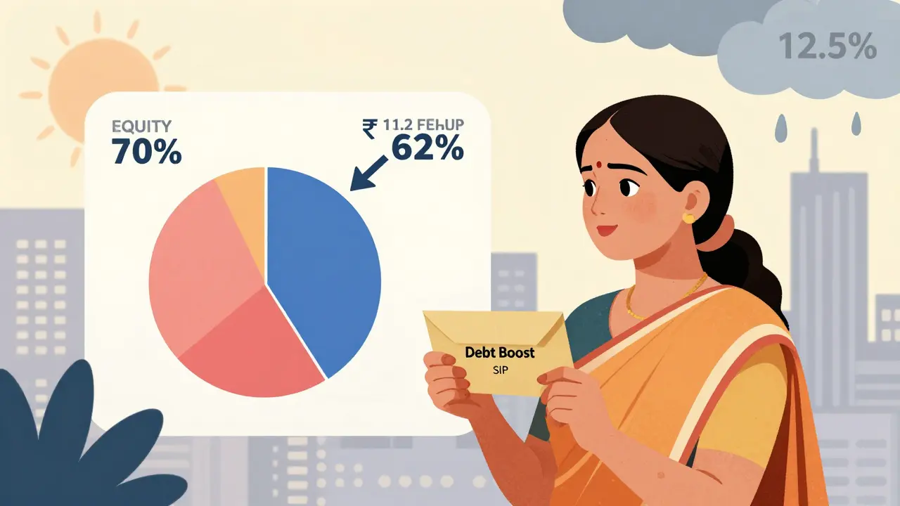 A woman in Pune redirecting SIP funds to debt, watching her portfolio pie chart shift with playful arrows.