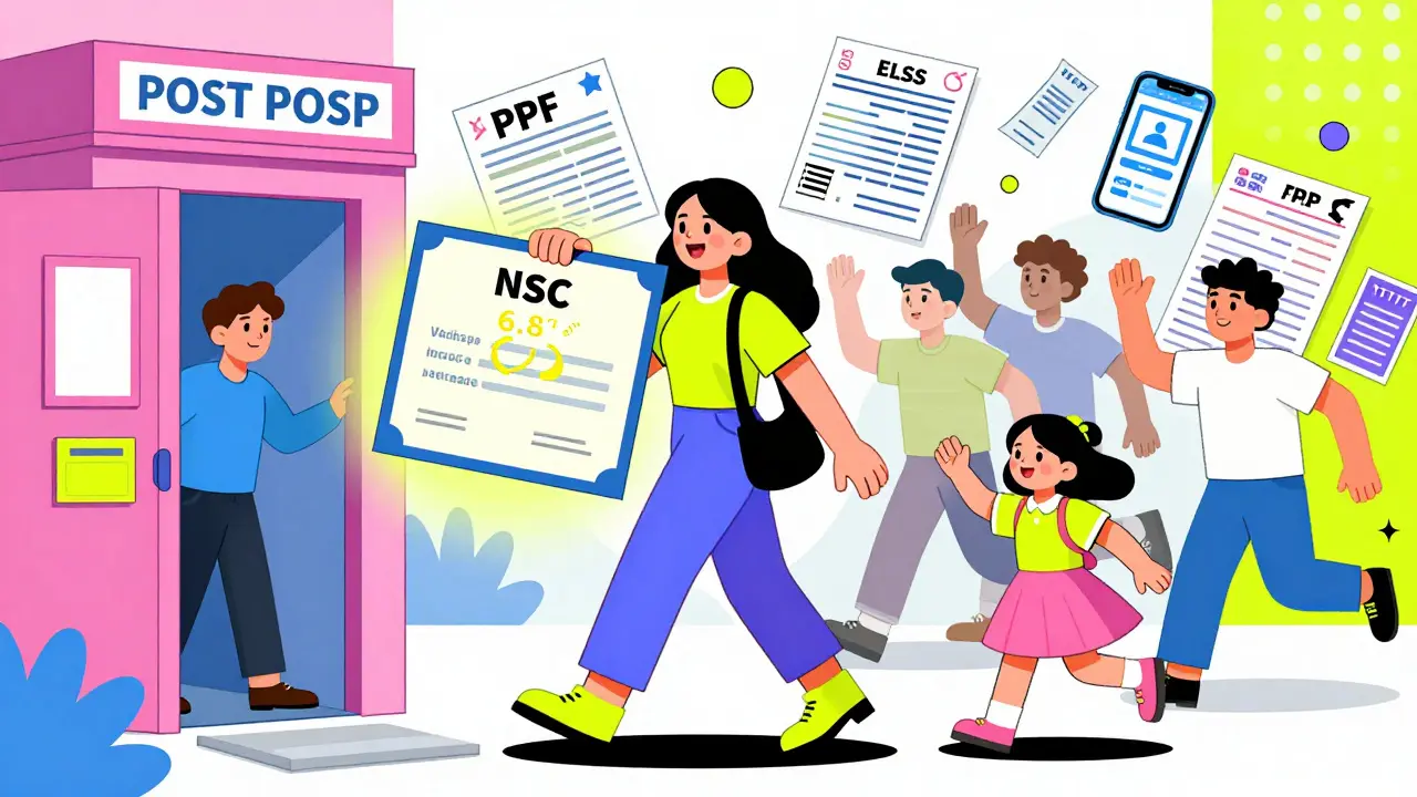 A woman opens a Sukanya Samriddhi account at a post office with glowing NSC certificate in hand.