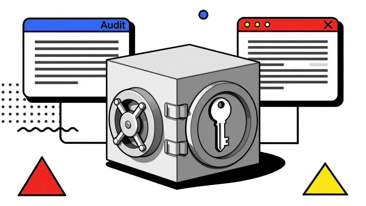 Abstract safe box holding keys with geometric patterns.