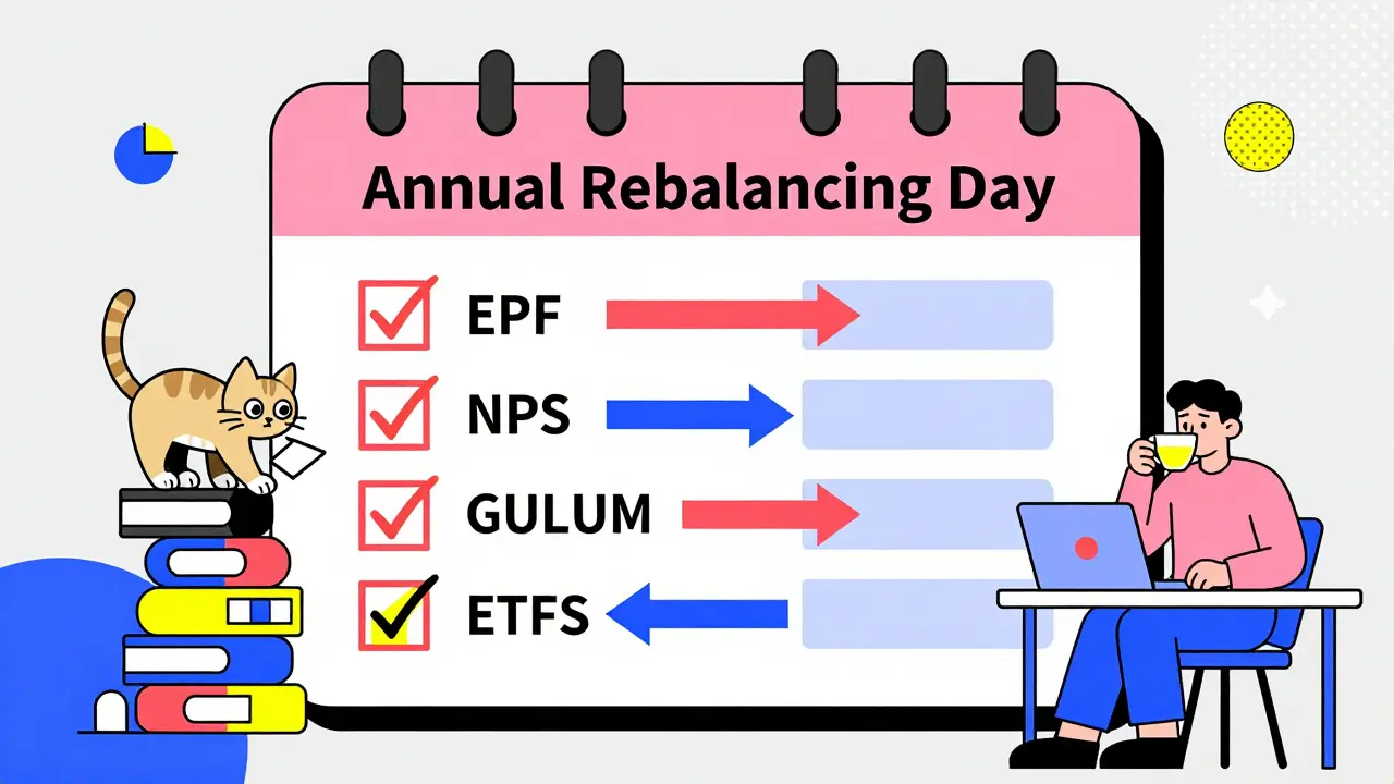 An annual rebalancing checklist with icons for EPF, NPS, and mutual funds shifting in a geometric, pastel design.