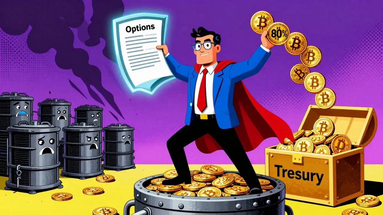 Bitcoin superhero standing on a treasury vault, holding an options shield, while bankrupt miners swirl in the background in bold Memphis colors.