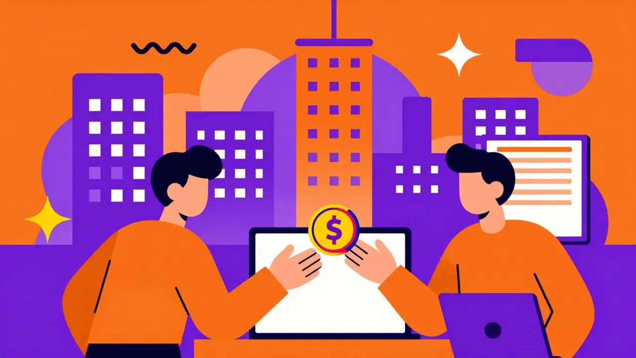 Cartoon art showing two traders exchanging stocks in a busy market environment.