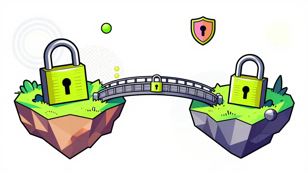 Cartoon bridge connecting two islands with security locks.