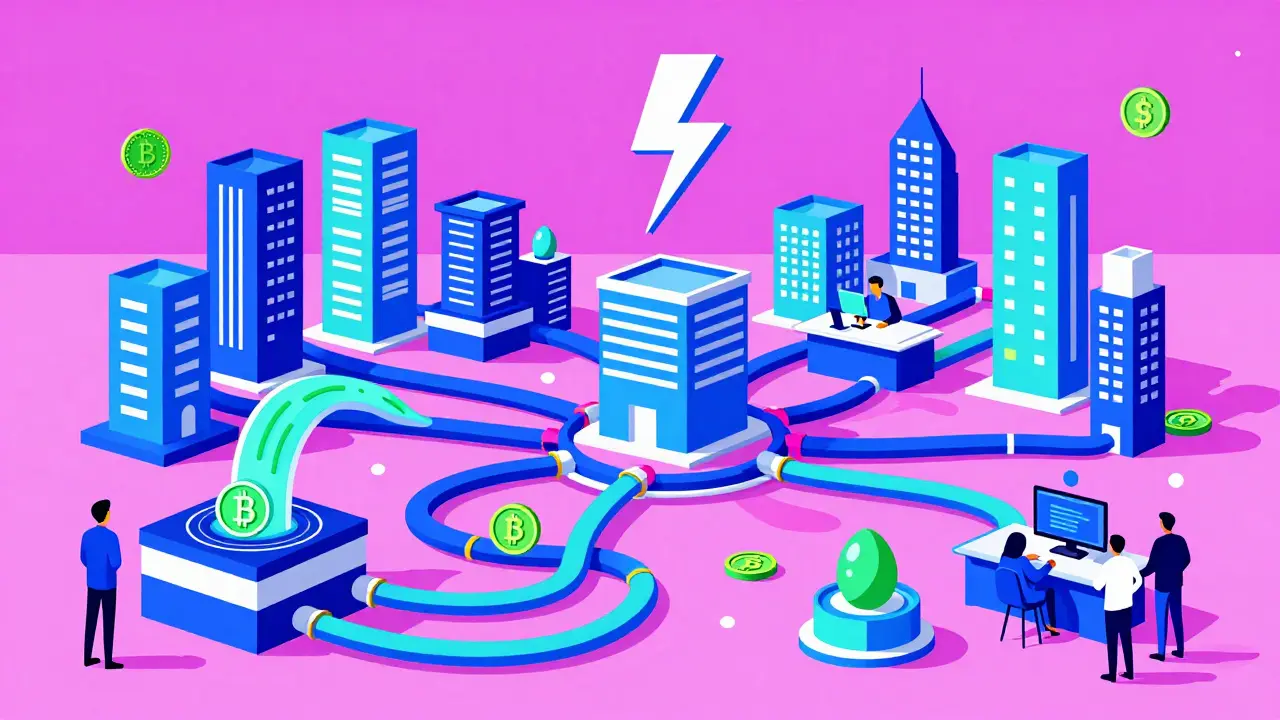 Colorful network pipes connecting buildings with flowing digital coins.