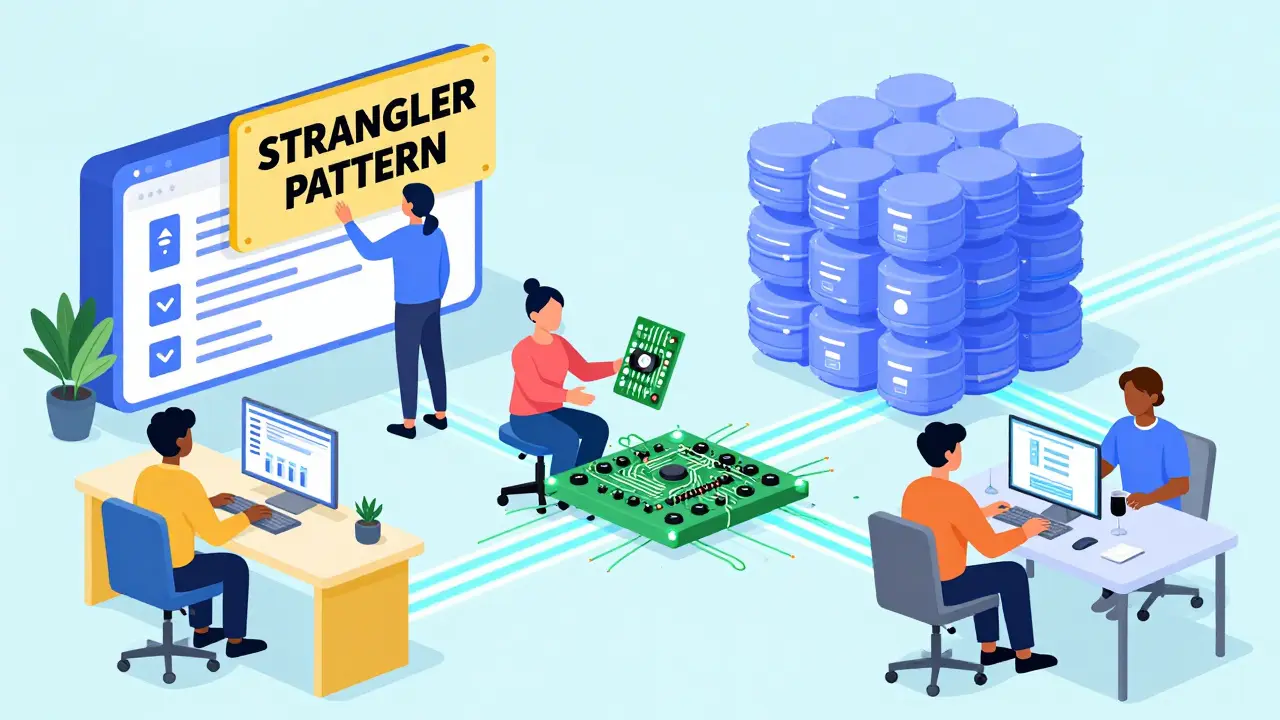 Developers working on separate app layers with glowing pathways, with a strangler pattern transforming a monolith in vibrant Memphis design.