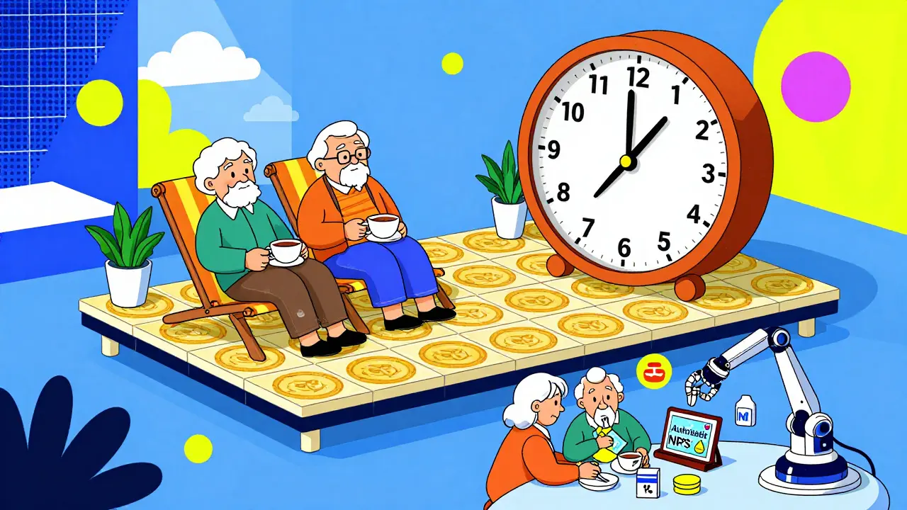 Elderly couple enjoying retirement on rupee tiles, with younger version setting up auto-debits in Memphis illustration style.