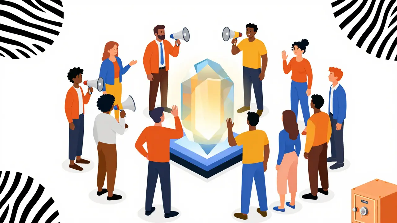 Group of people voting around a glowing digital block symbolizing community governance.