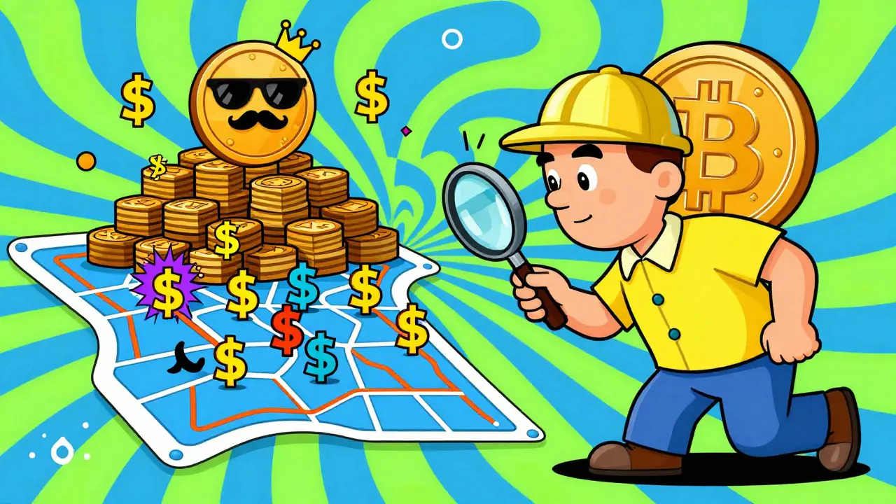 Miner detective examining a mempool map filled with colorful, smiling transaction fees and a crowned Bitcoin coin.