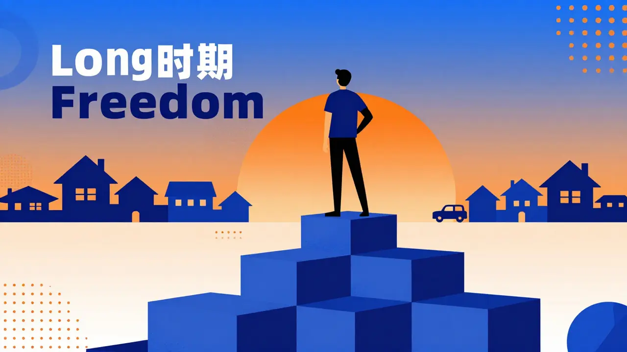 Person standing on blocks looking at future home and car goals.