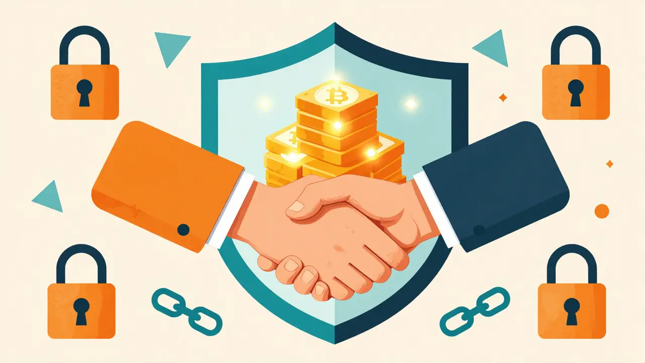 Protected handshake with Bitcoin blocks and locks in retro illustration.