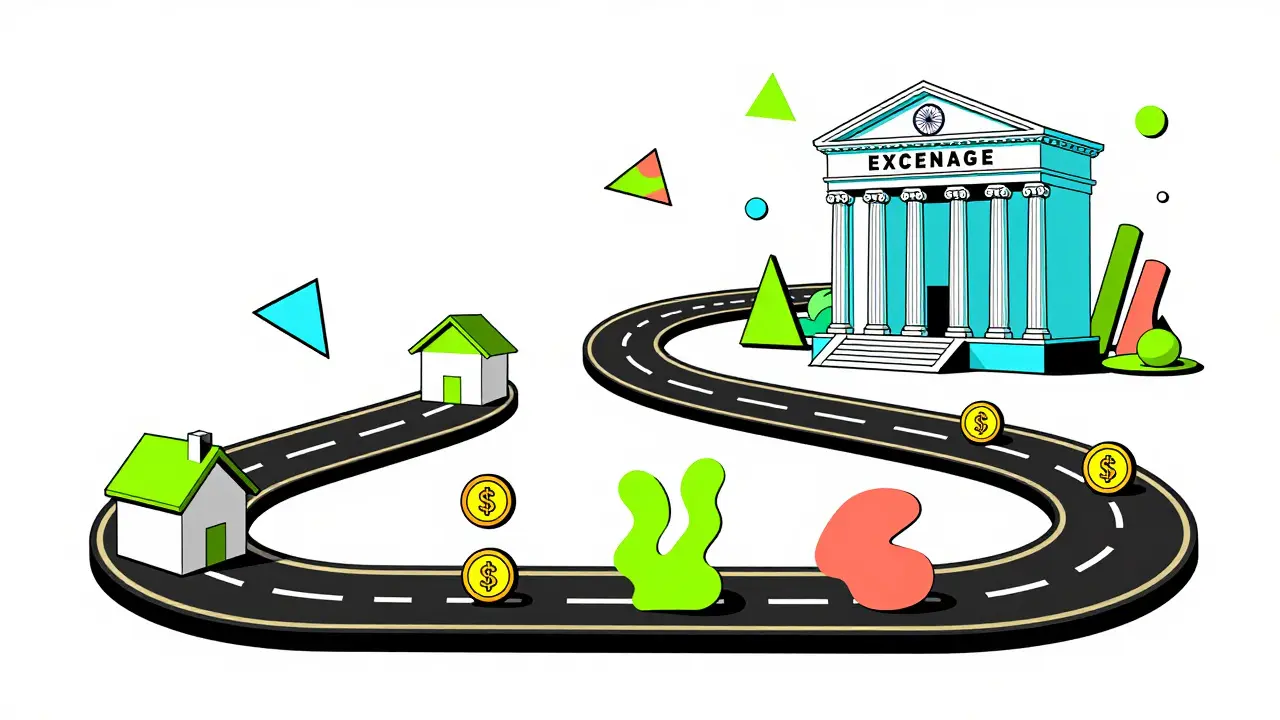 Retro graphic depicting the journey of a share from startup to stock exchange.