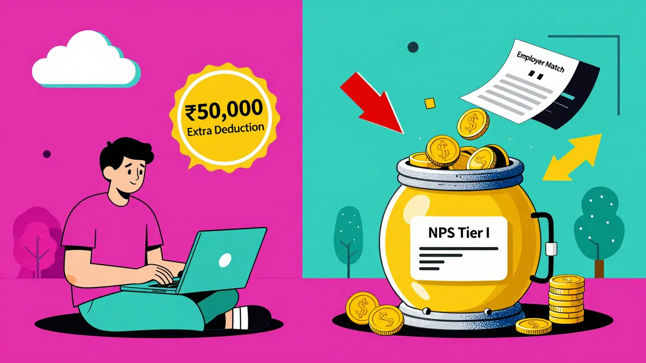 Self-employed person with glowing NPS deduction badge and employer contribution arrow in geometric Memphis style.