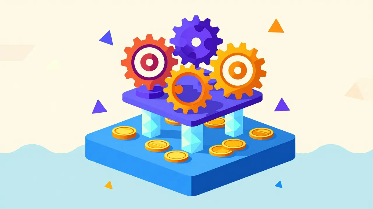 Split layered illustration showing settlement and computation functions in bright Memphis art style.