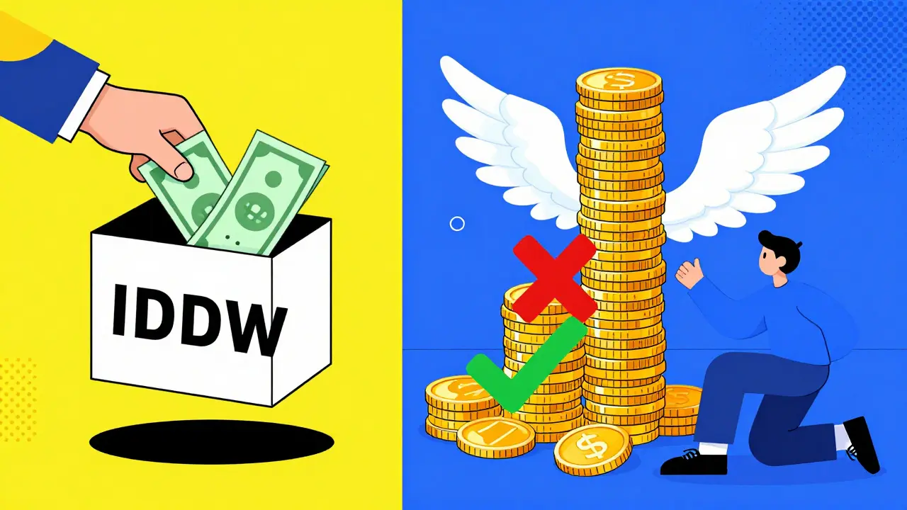 Split scene: cash payout vs. growing coin stack, showing the illusion of IDCW versus real growth.