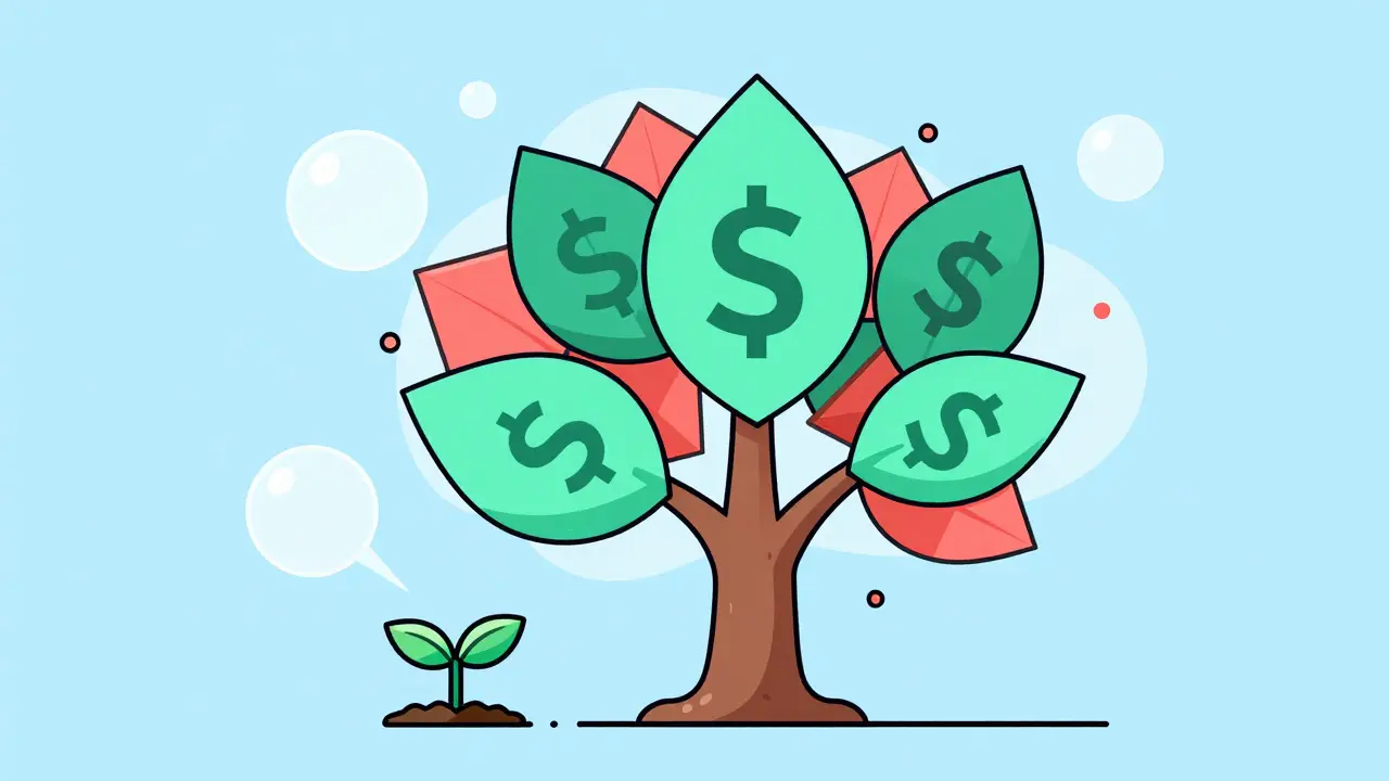 Stylized money tree growing from small seeds showing investment growth.