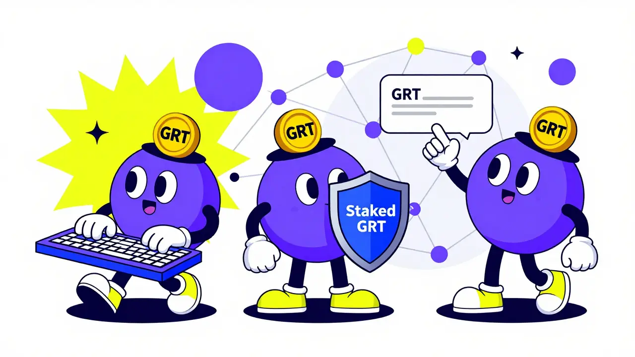 Three stylized node operators with GRT tokens as hats, connected by a decentralized network.