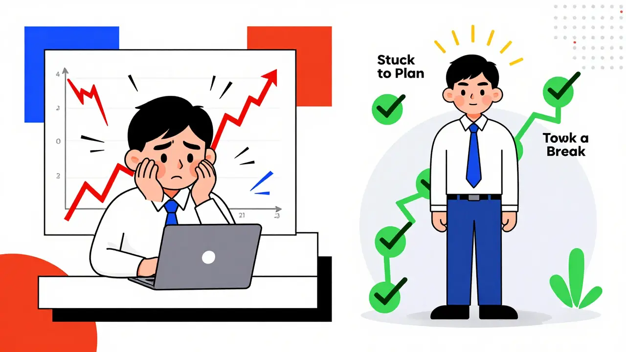 Two versions of a trader: one stressed by losses, the other calm with a path of checkmarks symbolizing disciplined trading habits.