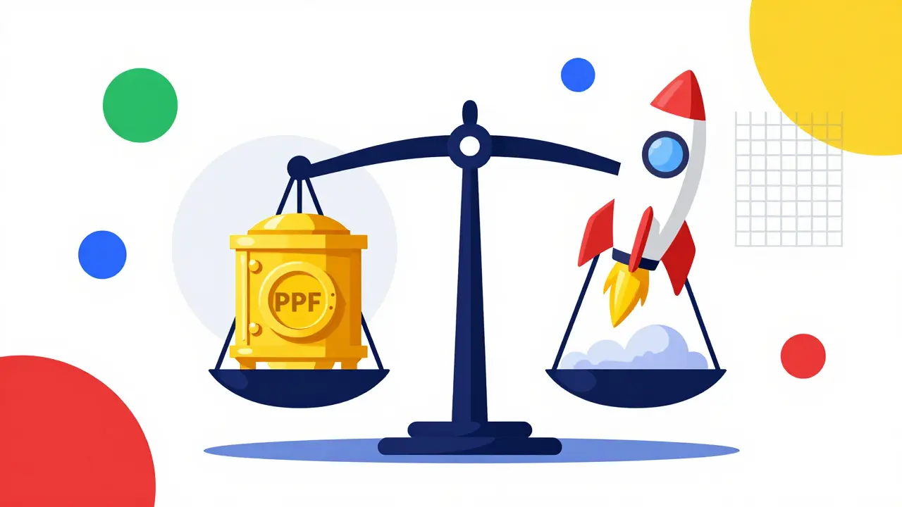 A balance scale comparing a secure vault and a rocket ship among colorful abstract shapes.