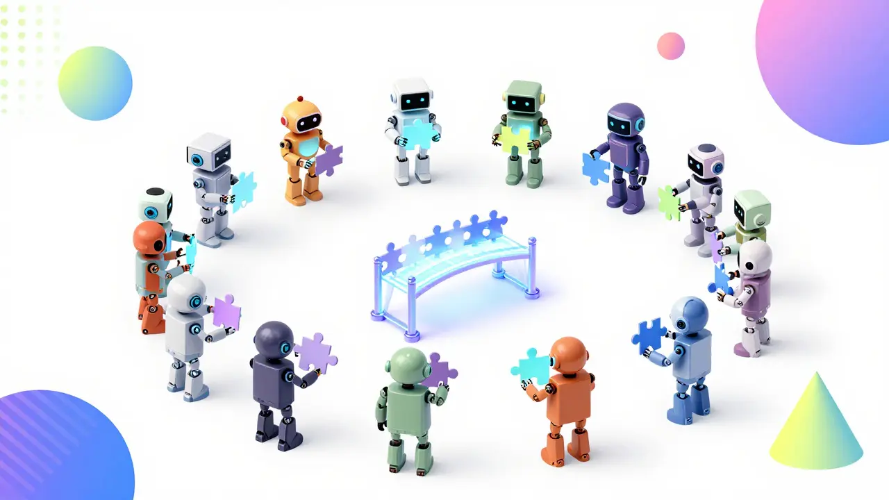 A circle of small robots collaborating to build a digital bridge in a vibrant geometric setting.
