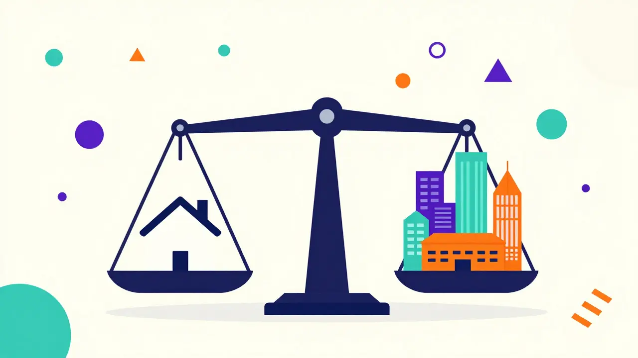 A colorful balance scale comparing a residential house with a diverse cluster of commercial REIT properties.