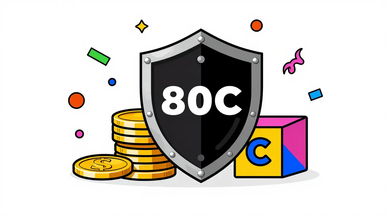 A colorful geometric shield protecting gold coins and tax symbols