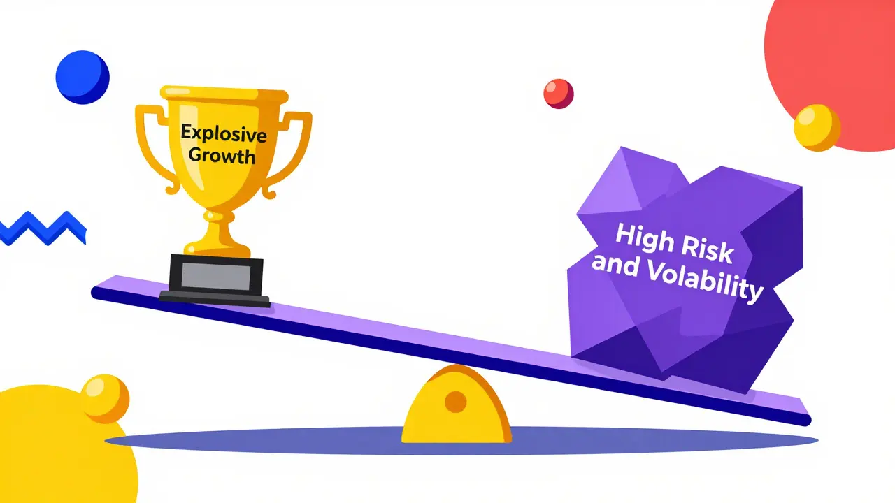 A colorful seesaw balancing a gold trophy and a risk block in Memphis Design style