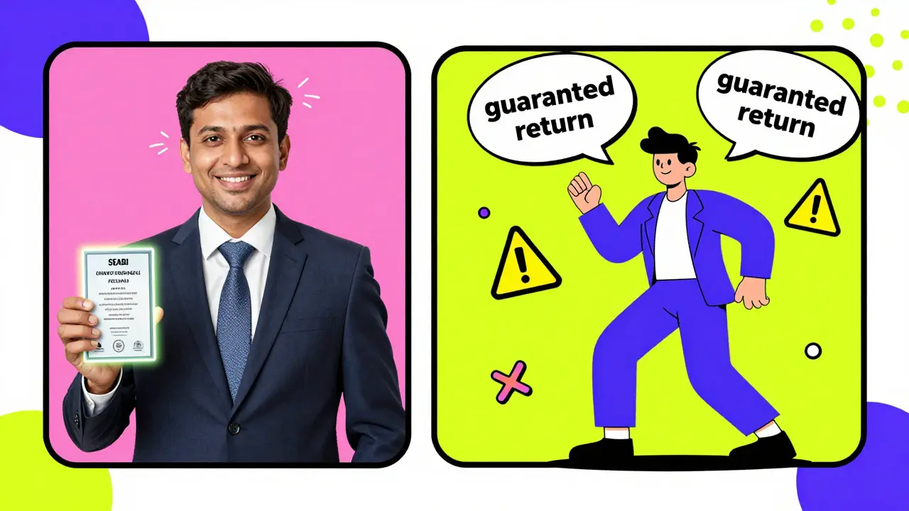 A comparison between a registered financial advisor and a scammer in Memphis design style.