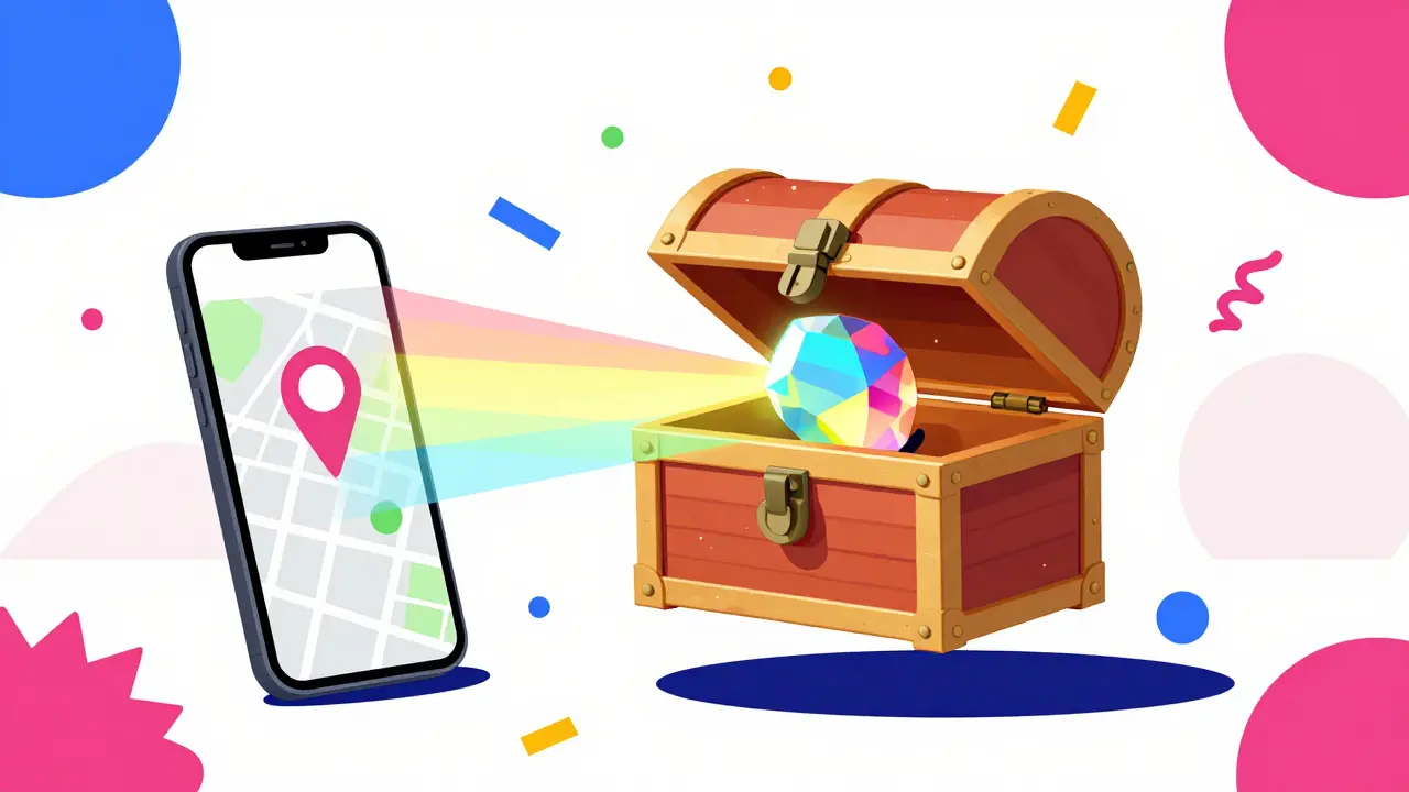 A digital treasure chest unlocking via a smartphone GPS trigger in a colorful geometric setting.
