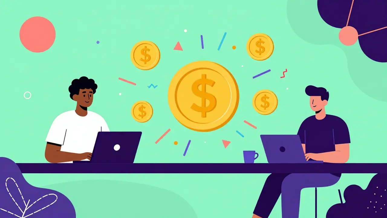 A freelance designer and client connected by a colorful stream of digital stablecoin tokens.