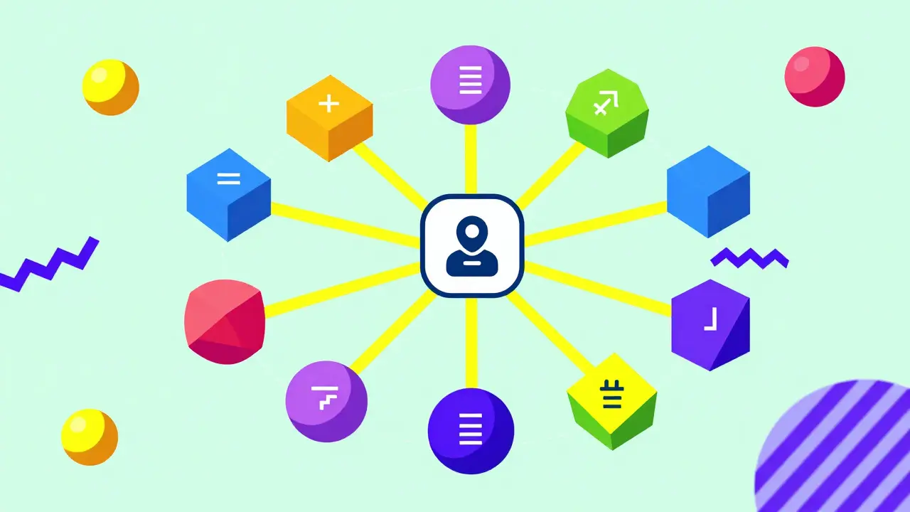 A network of colorful geometric nodes feeding data into a central smart contract in Memphis style.