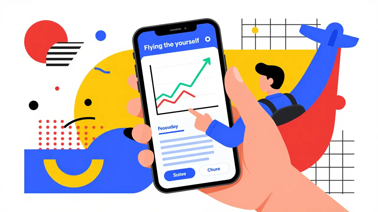 A person confidently managing investments on a smartphone in a pilot-themed setting.