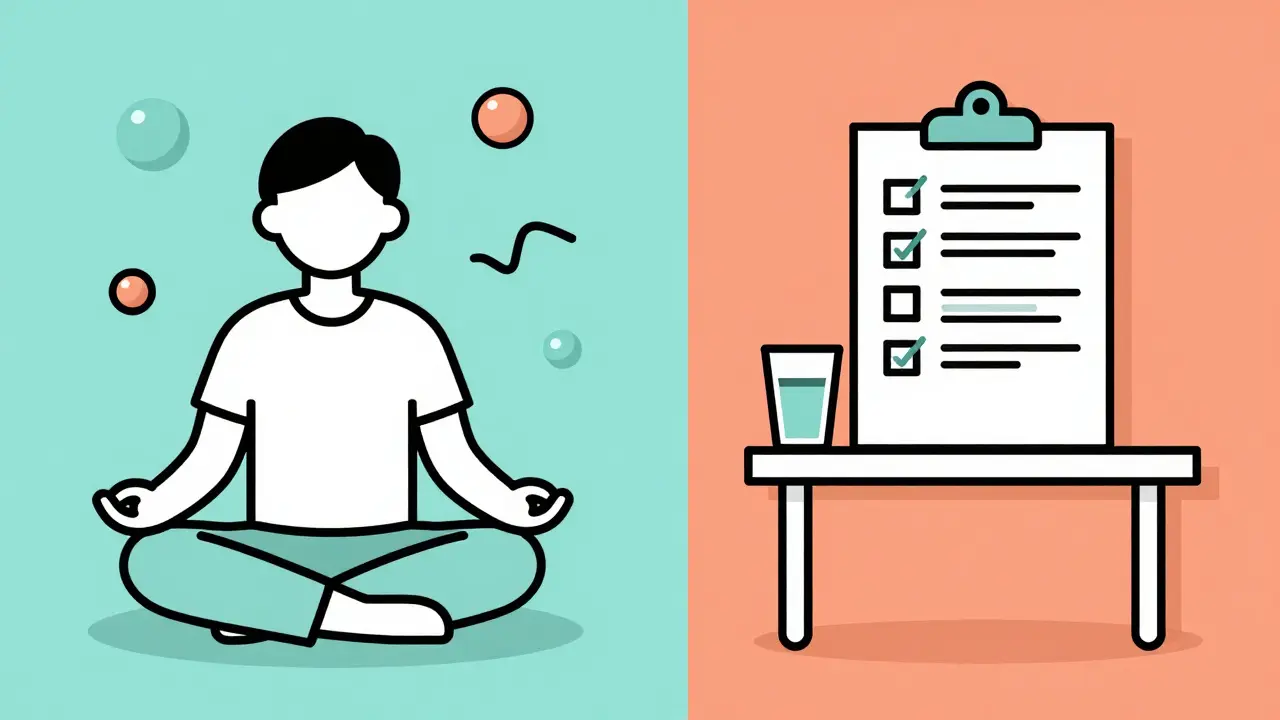 A person meditating next to an organized desk in a vibrant Memphis design style.