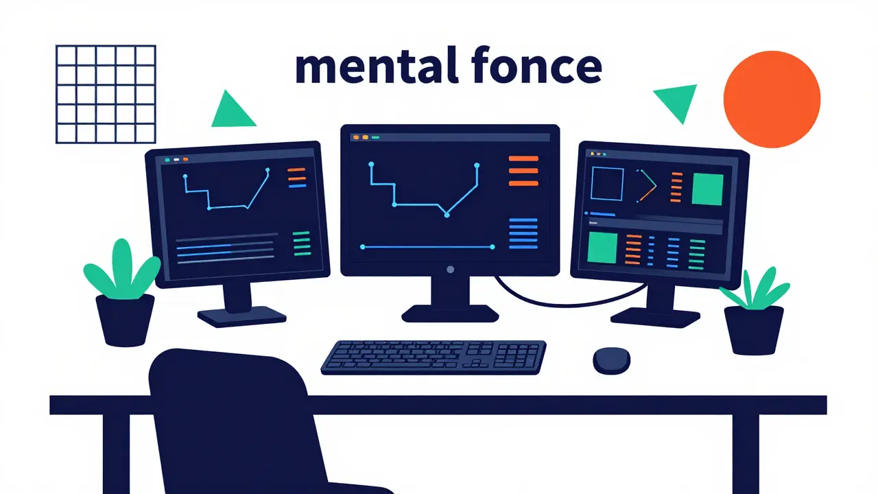 A professional trading setup with geometric shapes and data patterns in Memphis style.