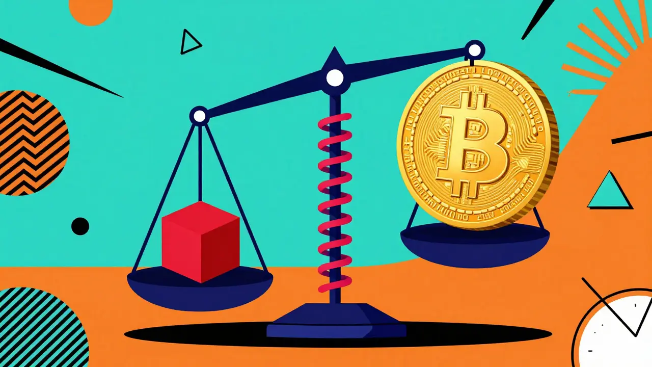 A small cube lifting a huge coin with a colorful spring in a vibrant abstract style.