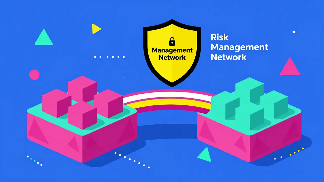 A vibrant geometric bridge connecting two different blockchains with a security shield above it.