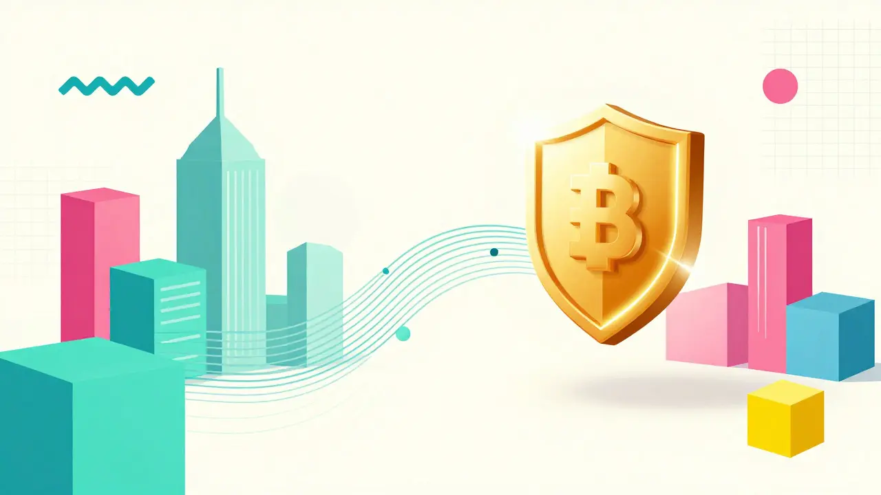 Abstract colorful 3D cubes and a golden shield representing a neutral decentralized network.