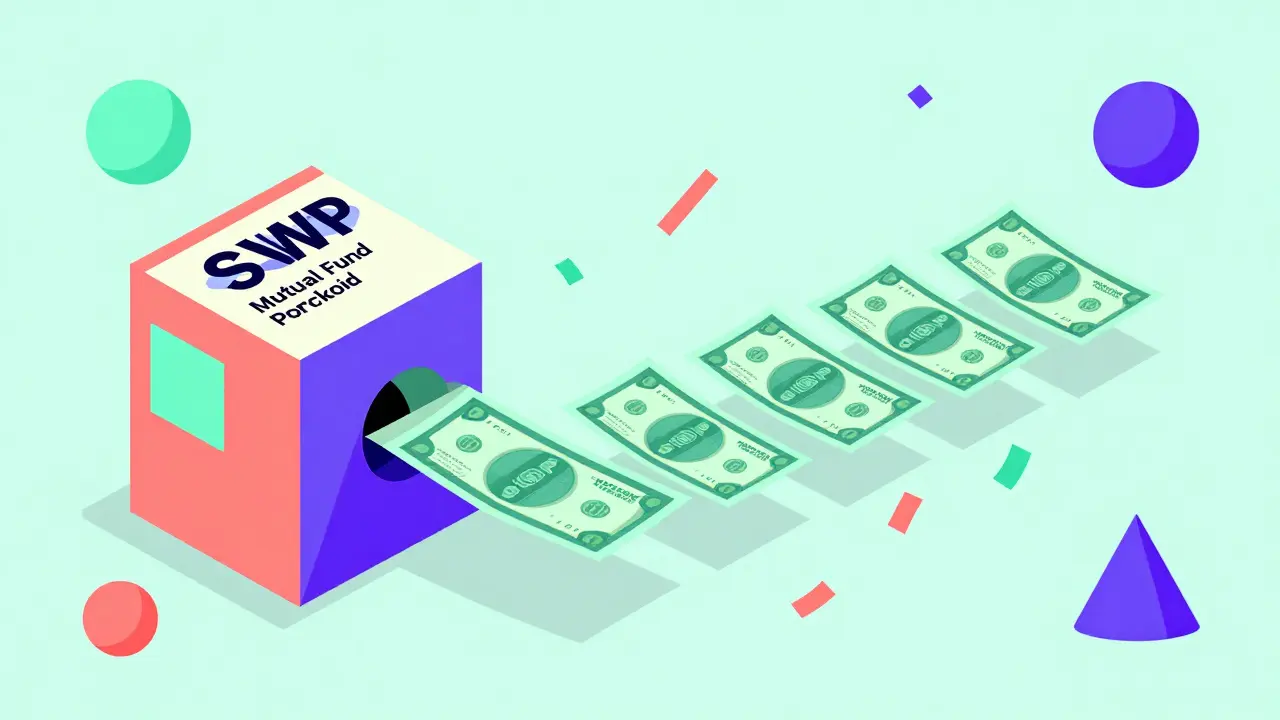 Abstract illustration of an automated monthly income stream from mutual funds.