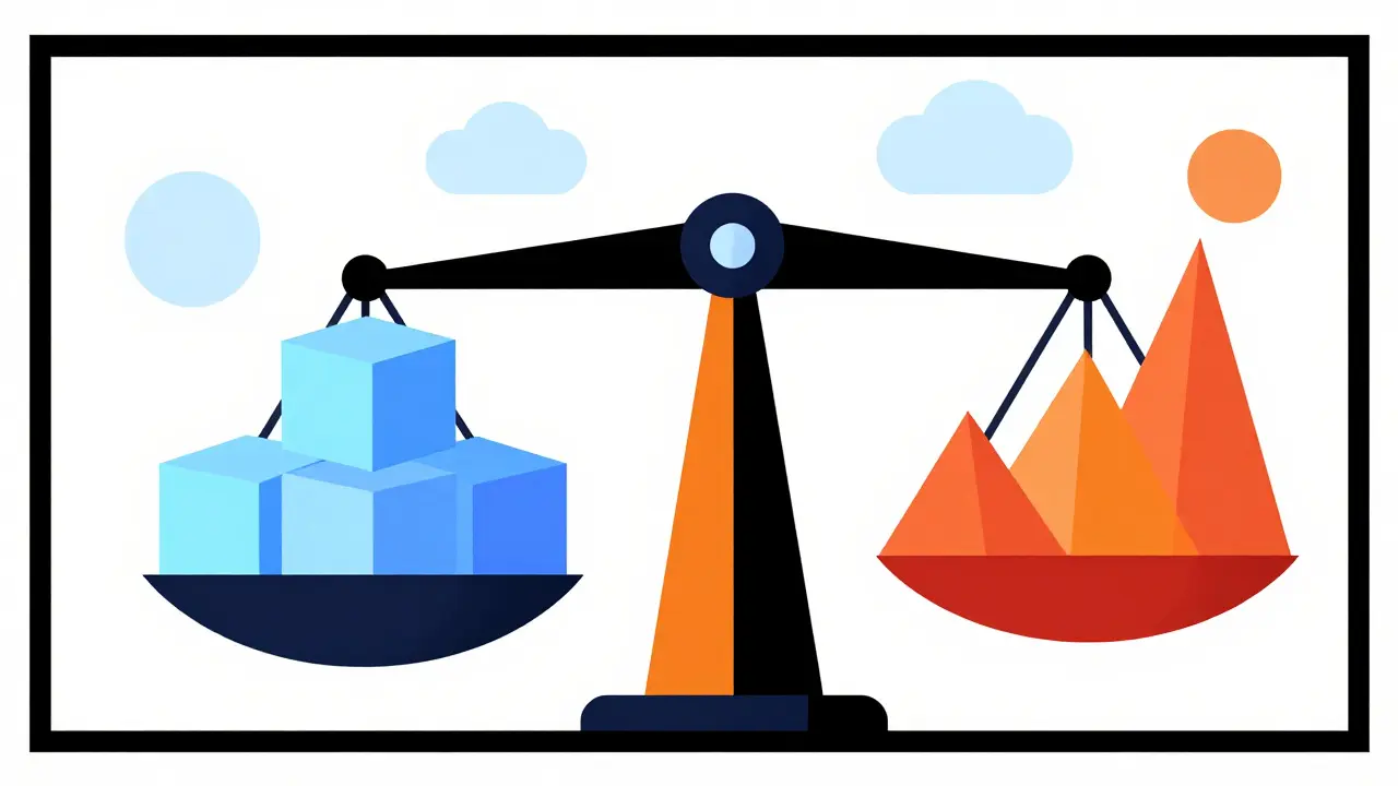 Balance scale comparing stable cubes versus volatile triangle shapes.