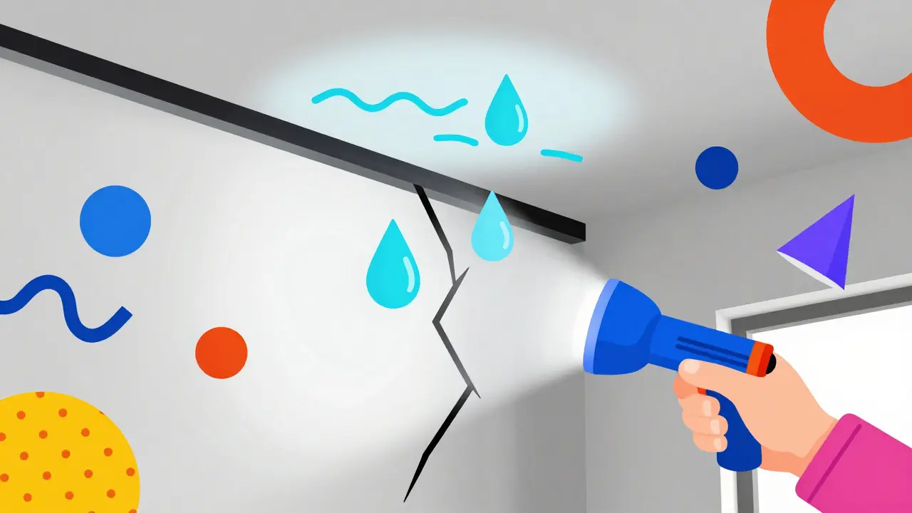 Colorful Memphis design showing a house wall inspection with water leaks and a flashlight.