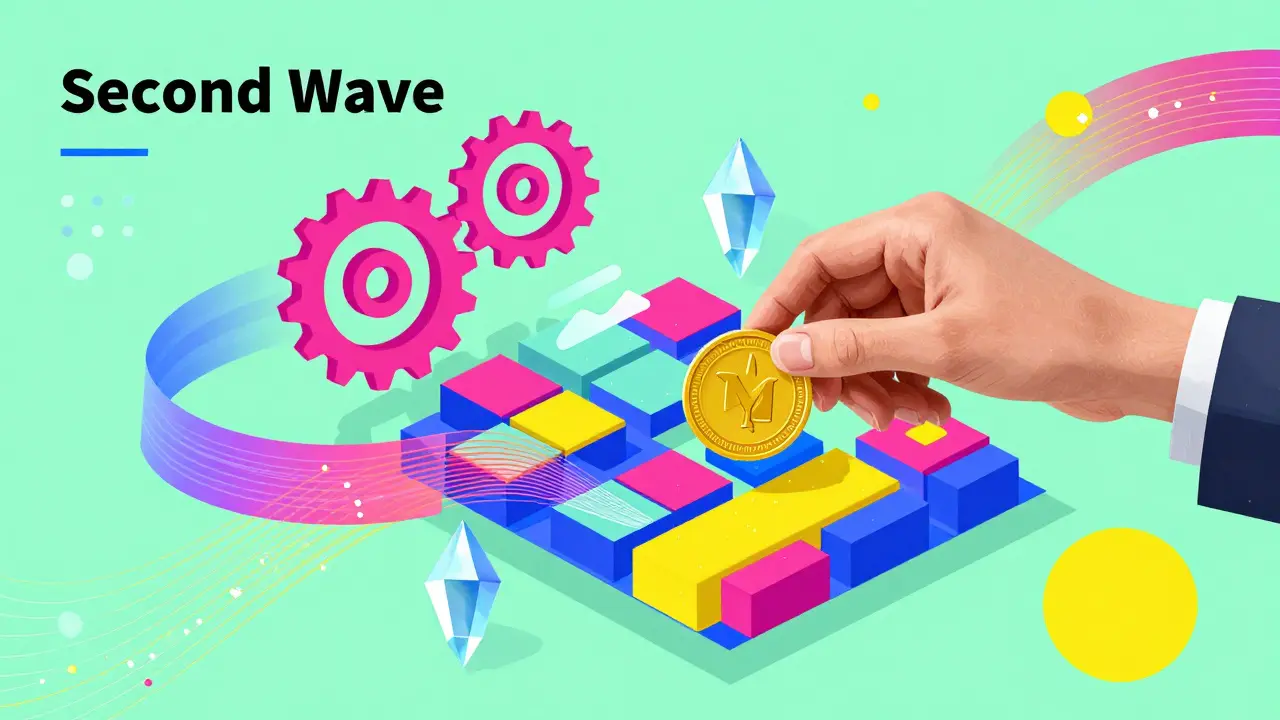 Colorful Memphis illustration of digital tokens and gears representing strategic DeFi investment.