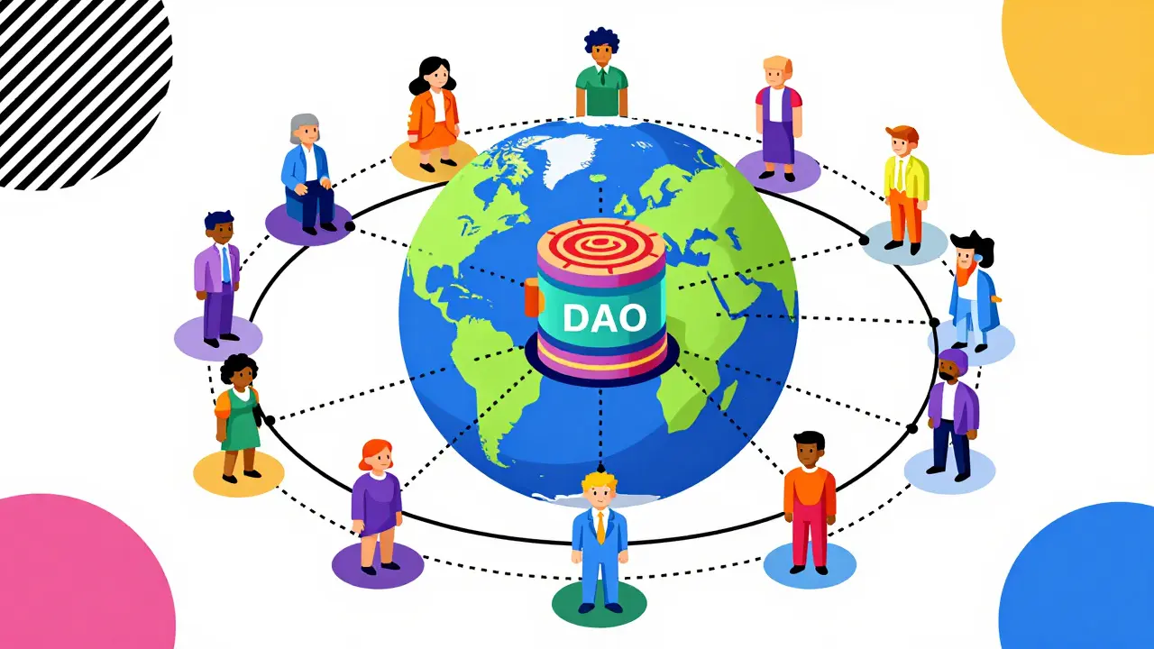 Global network of geometric avatars orbiting a central DAO treasury vault.