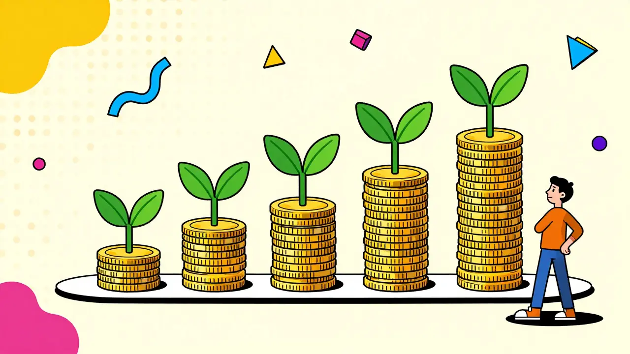 Growing plants rising from coin stacks in colorful Memphis art style.