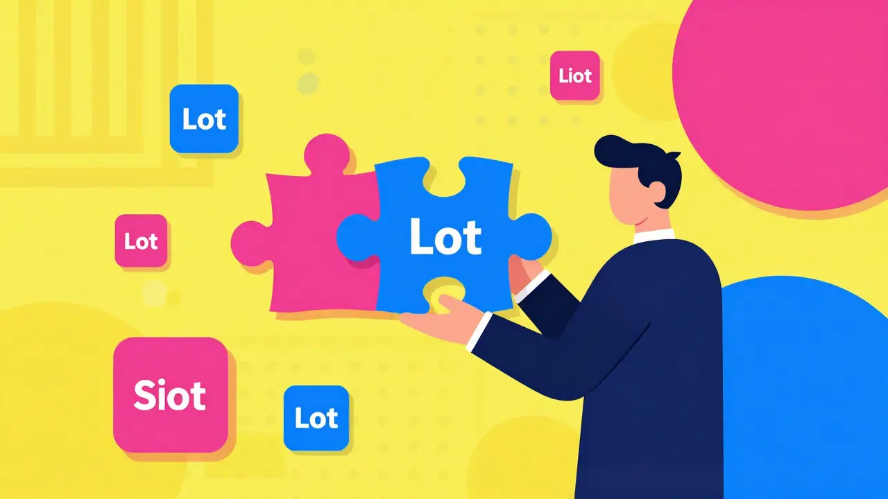 Investor holding a large geometric puzzle piece representing share lots in Memphis style